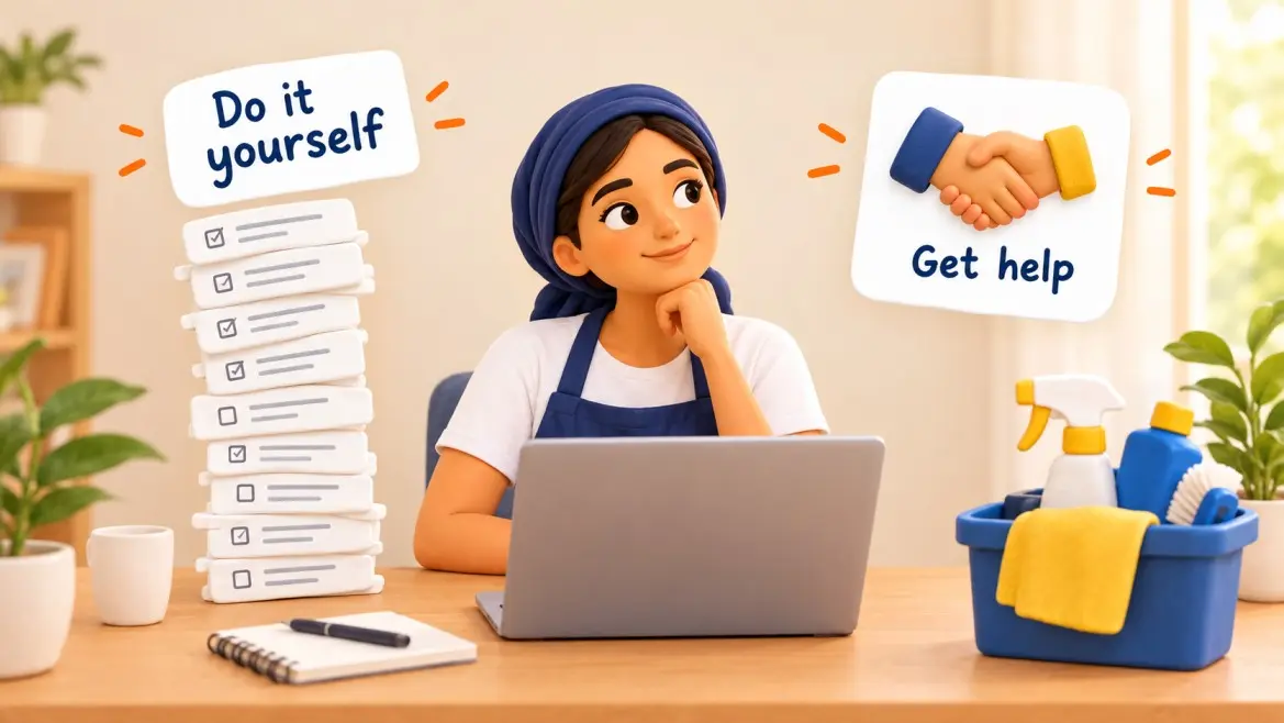 A cleaning business owner choosing between doing SEO alone and getting help