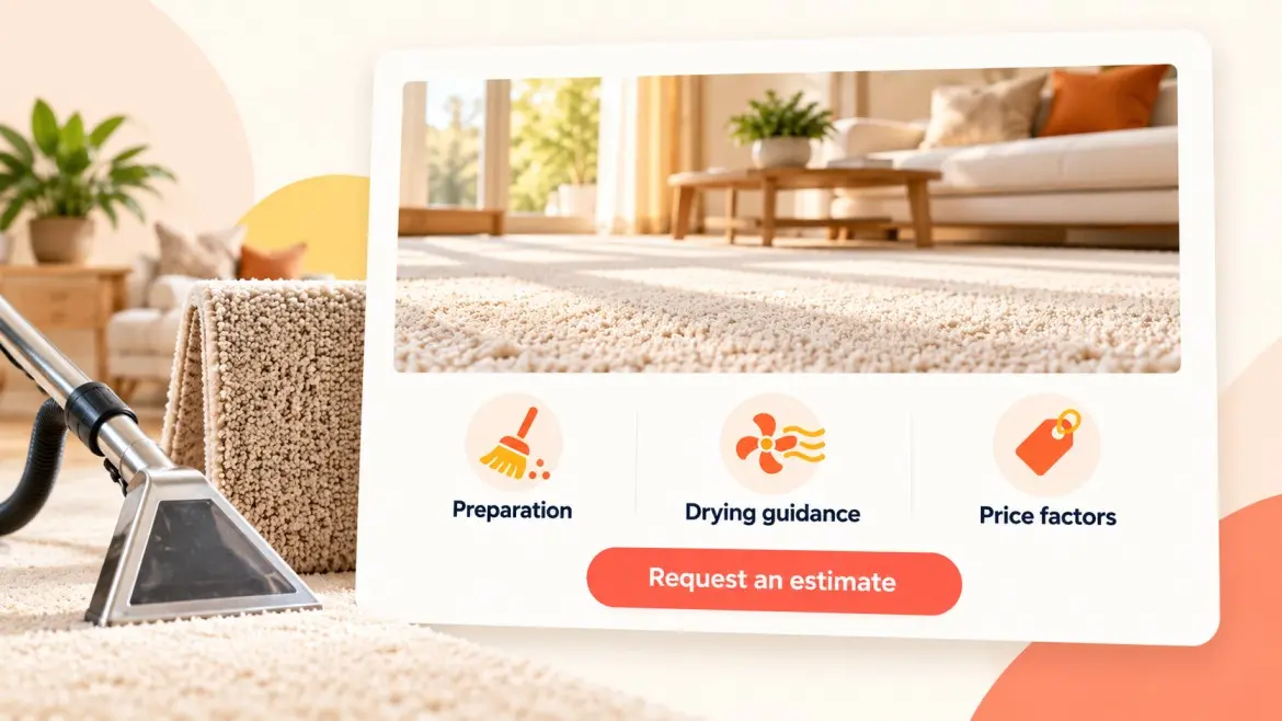 Illustrative carpet service page highlights preparation, drying guidance, price factors and an estimate button.