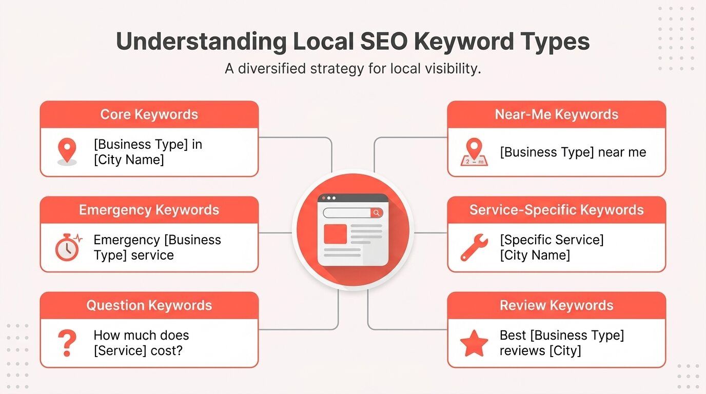 Local SEO keyword clustering chart showing core, near-me, emergency, service-specific, question, and review keyword groups