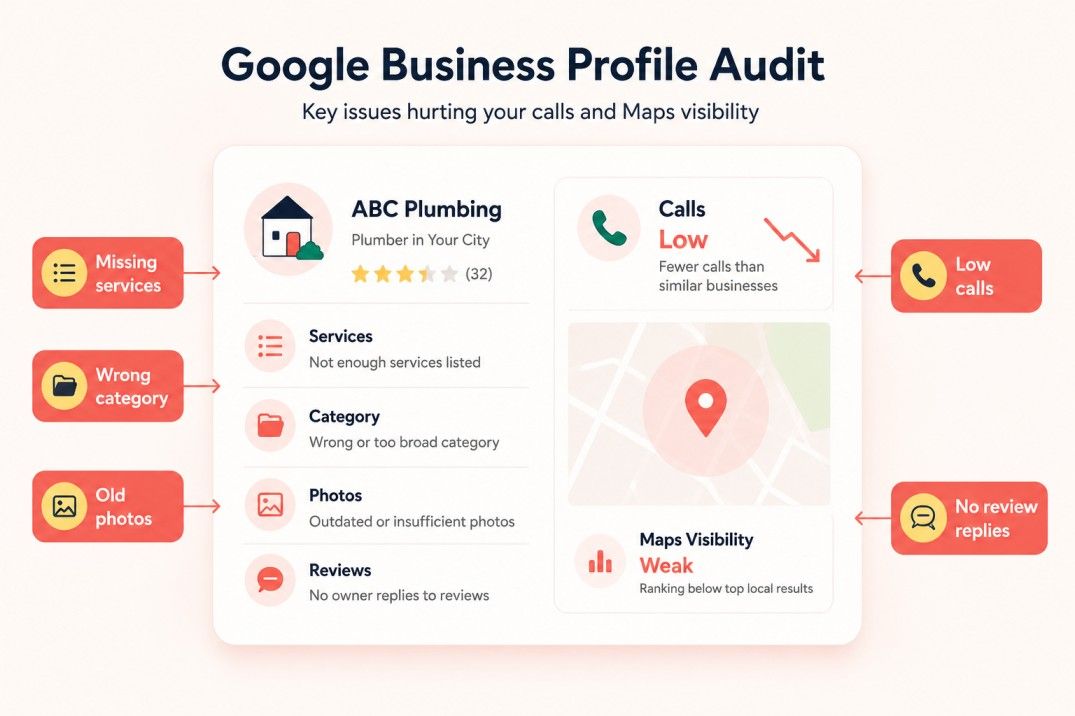 Google Business Profile audit mockup showing missing services, wrong category, and low calls.
