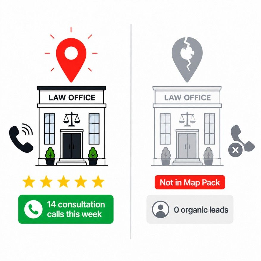 Two identical law firms side by side &mdash; one ranked in Google Maps getting calls, the other invisible with zero leads