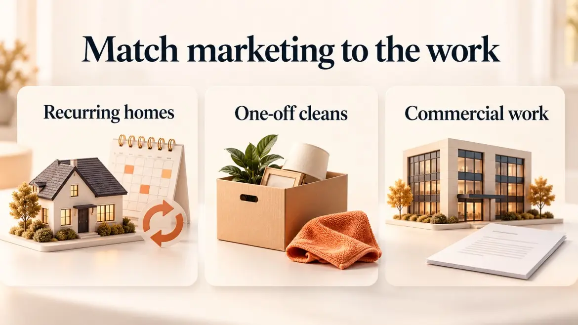 House, moving box, and office building representing recurring, one-off, and commercial cleaning