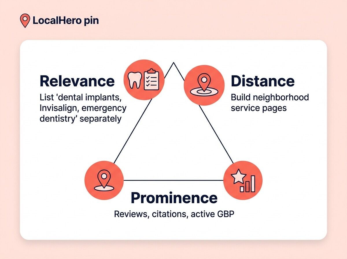 Local SEO ranking factors diagram for dentists showing relevance distance and prominence with dental specific examples for each factor
