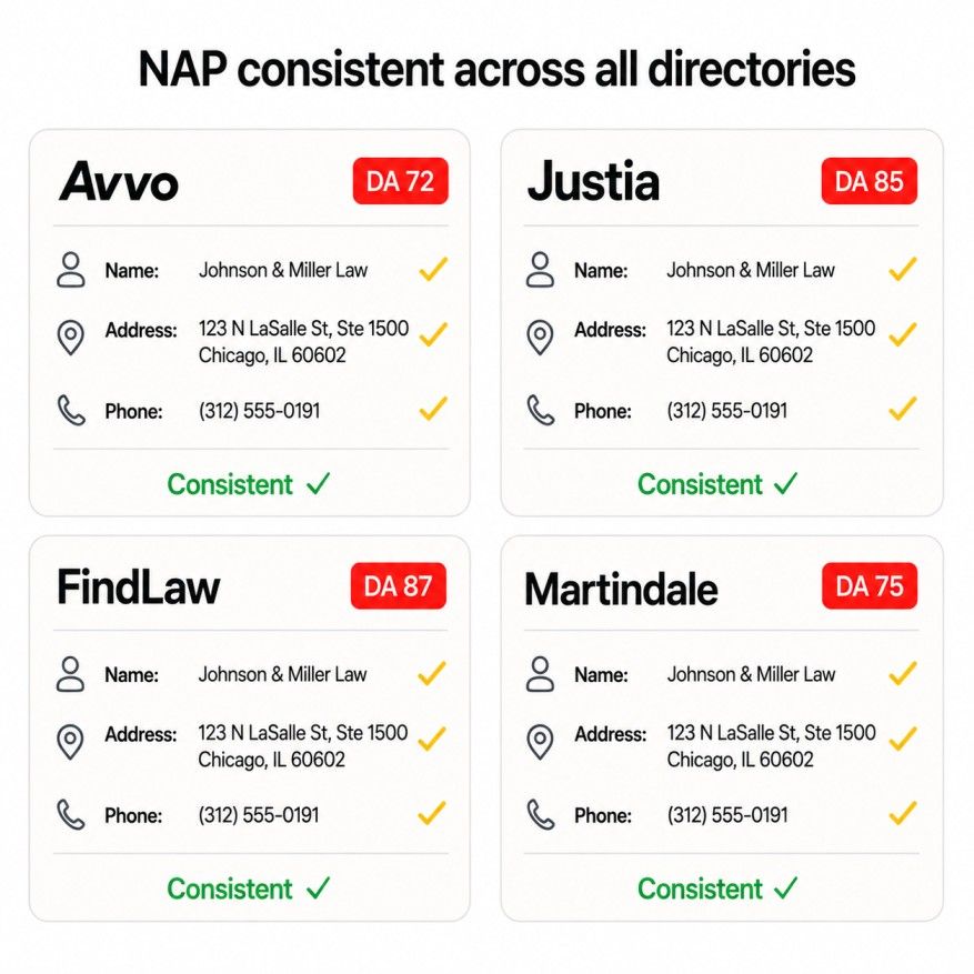 Legal directory listing cards for Avvo, Justia, FindLaw, and Martindale showing consistent NAP information with checkmarks