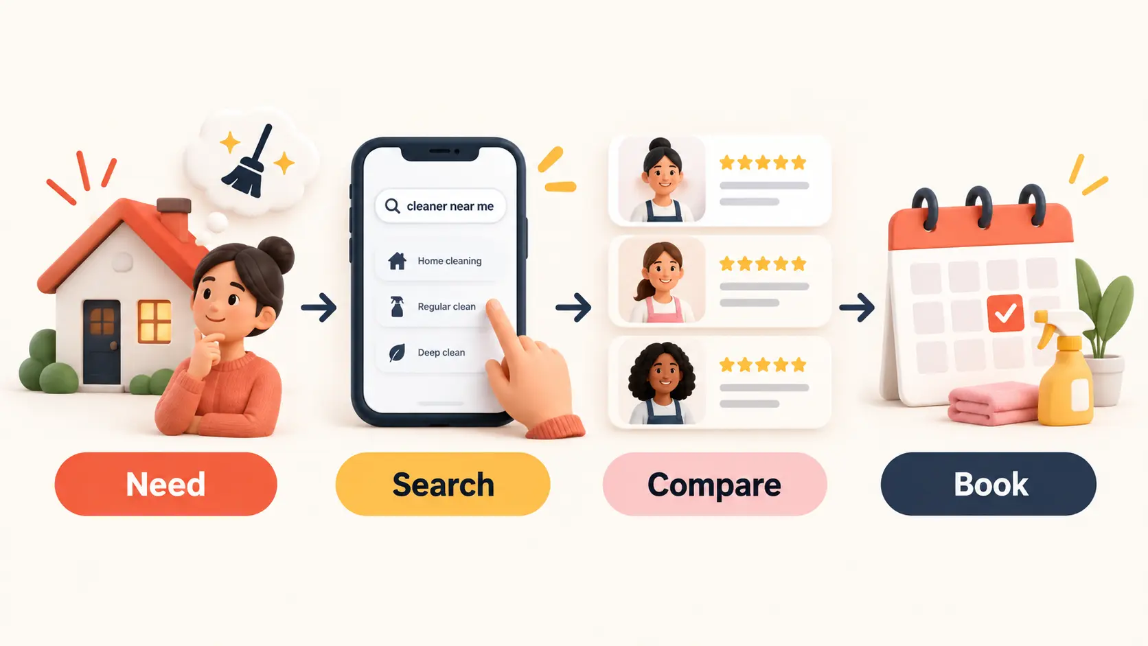 A homeowner moves from a cleaning need to search, comparison, and booking
