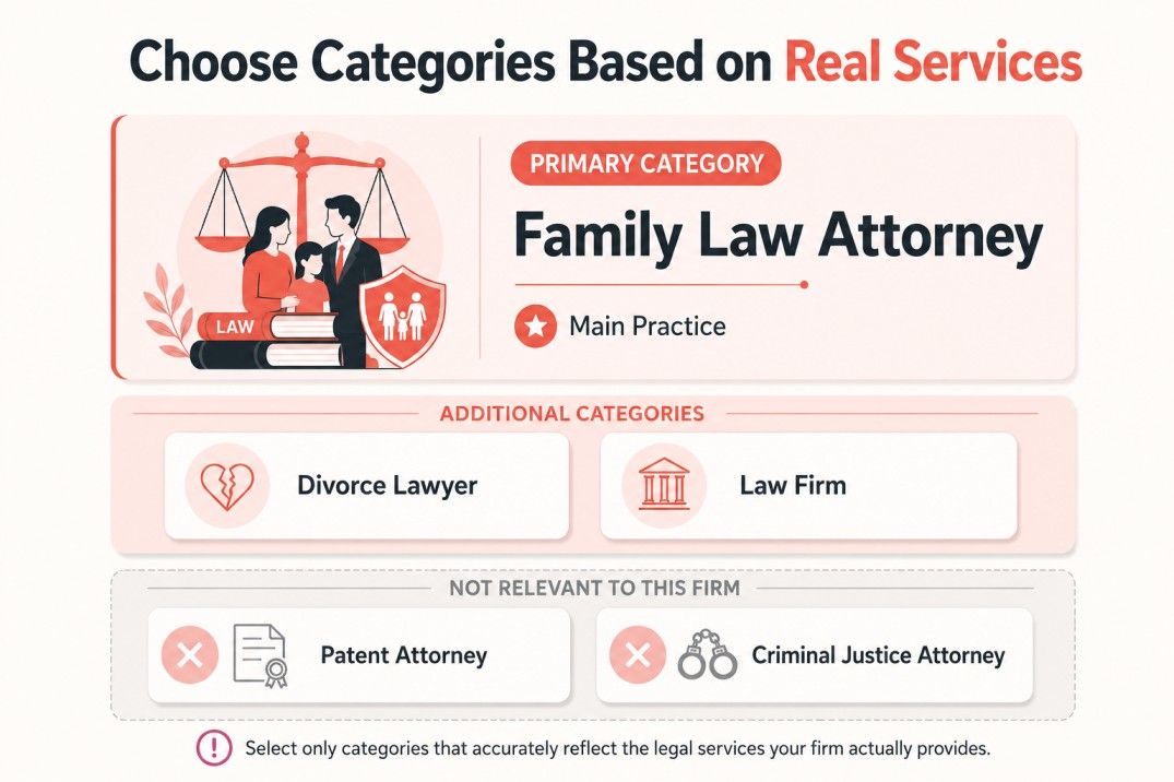 Primary and additional Google Business Profile categories for a law firm