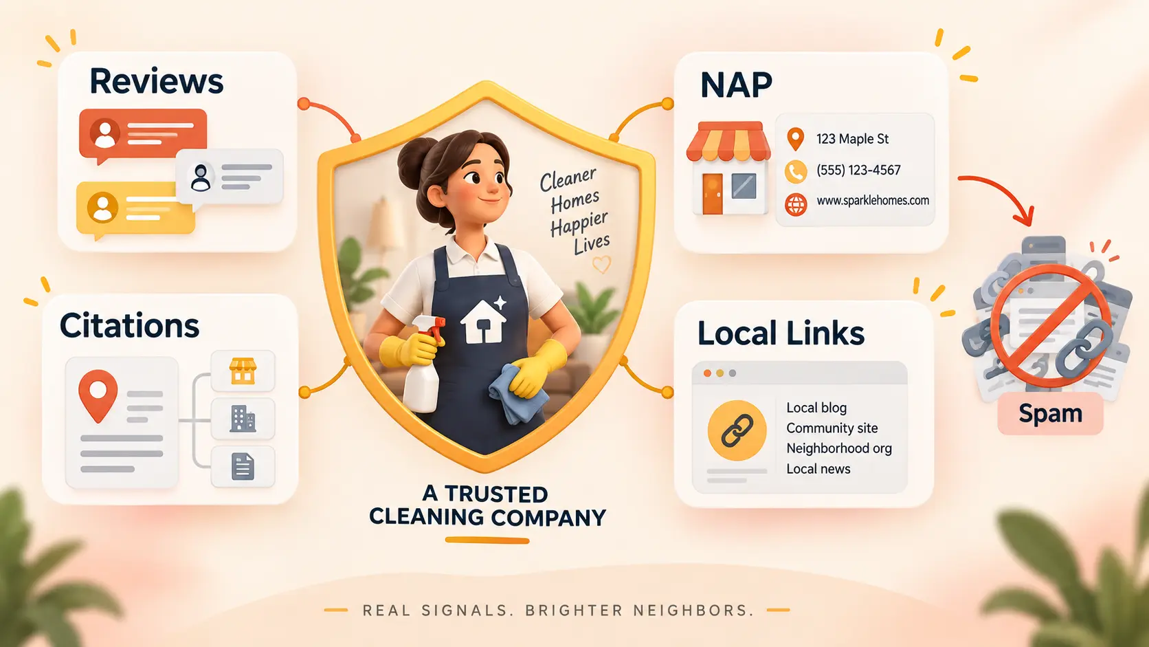 Reviews, NAP, citations, and local links protect cleaning-company trust