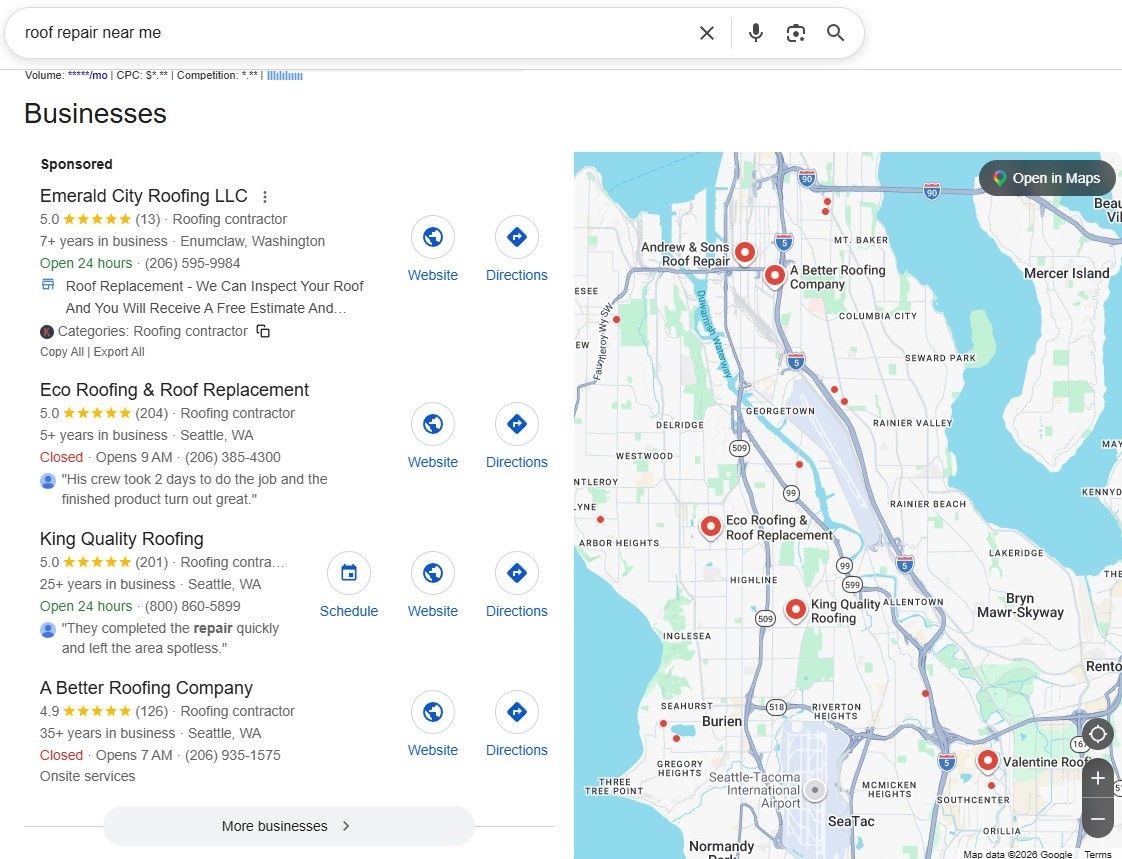 Google local 3-Pack results showing roofing companies for a roof repair near me search