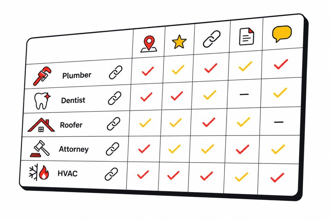 Illustration of an industry comparison table with trade icons for plumber, dentist, roofer, attorney, and HVAC alongside backlink chain symbols Placement: Inside the