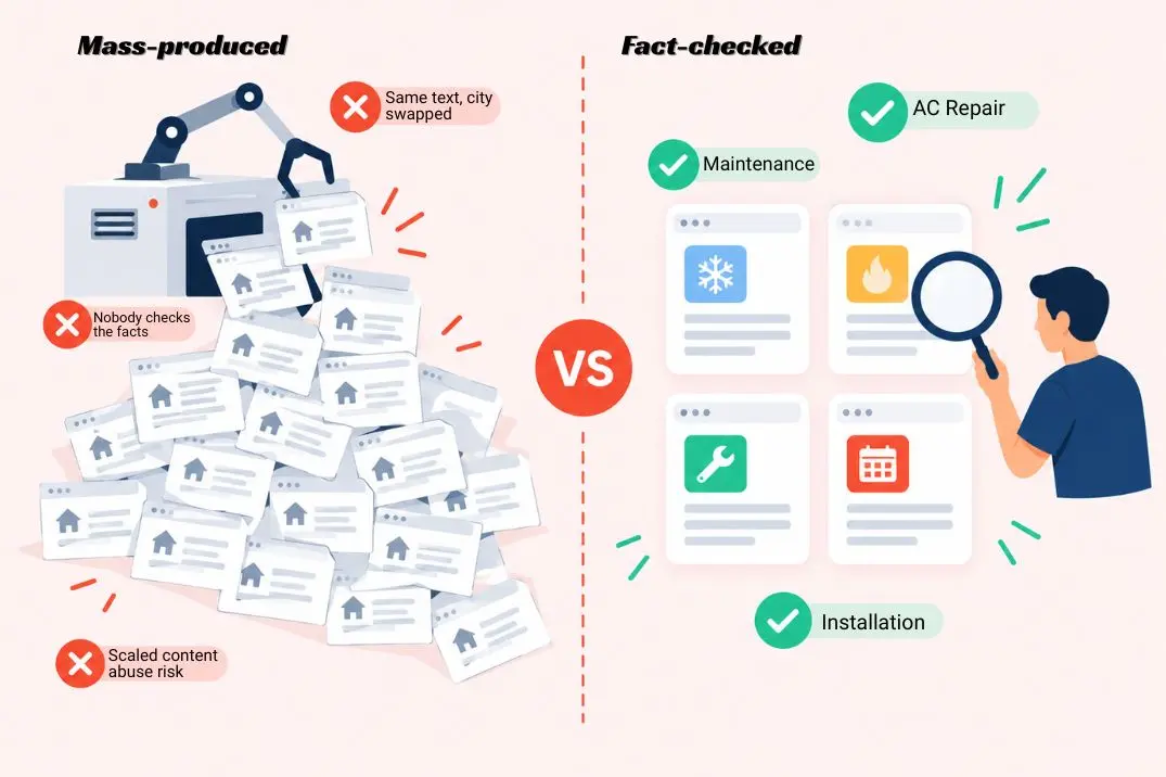 Comparison of mass-produced unchecked AI city pages versus fact-checked HVAC service pages under Google's 2026 scaled content abuse guidance