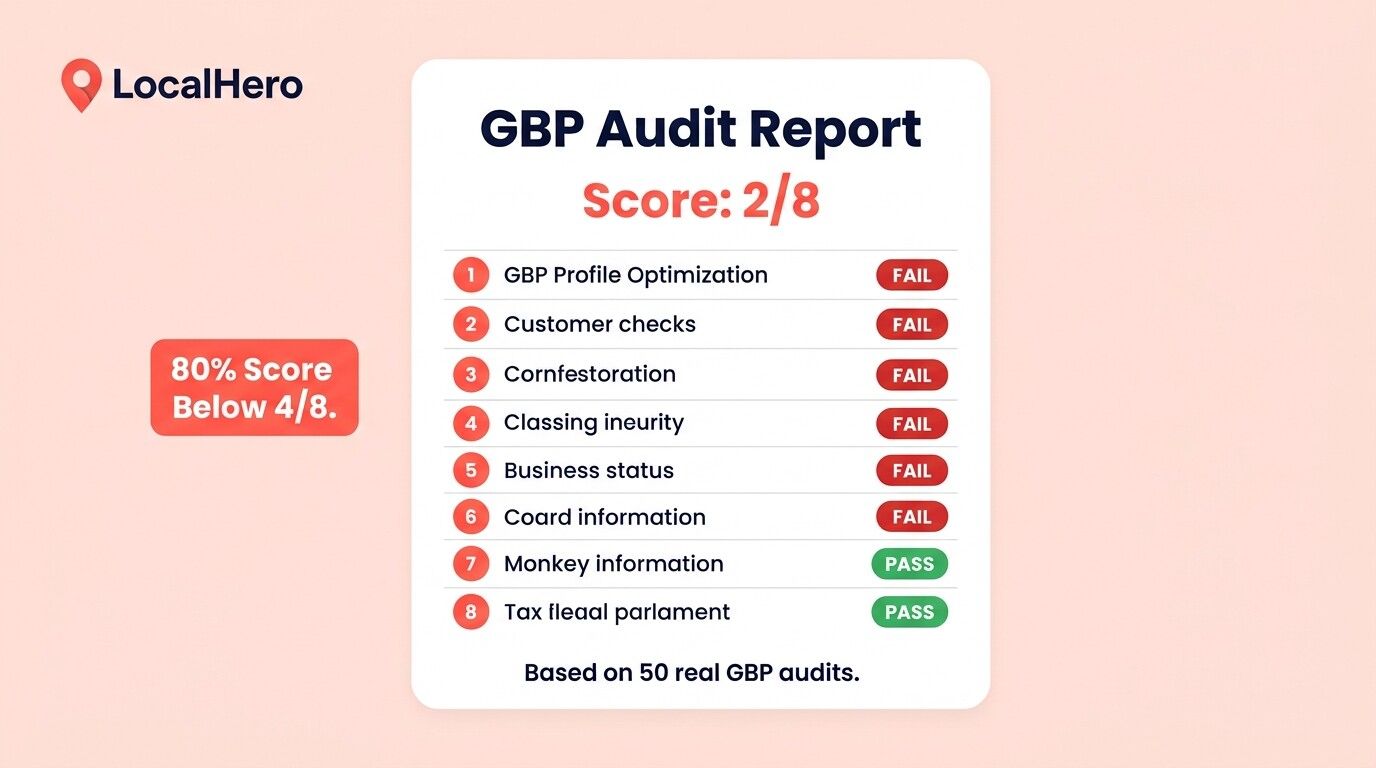Data table from LocalHero Google Business Profile audit of 50 profiles showing the percentage of profiles with each of the 8 critical issues