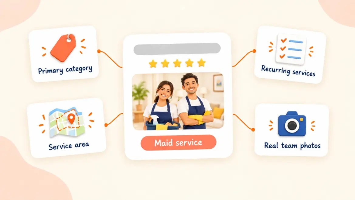 A business profile card with its primary category, recurring services, service area and team photos highlighted