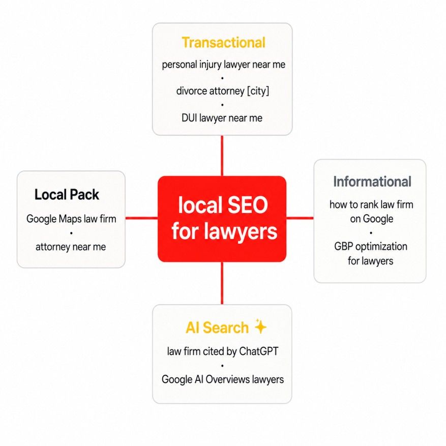 Keyword cluster map showing four groups of legal search terms organized by search intent