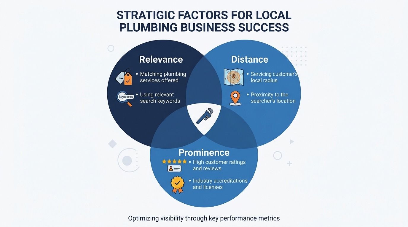 Local SEO ranking factors for plumbers showing relevance distance and prominence triangle