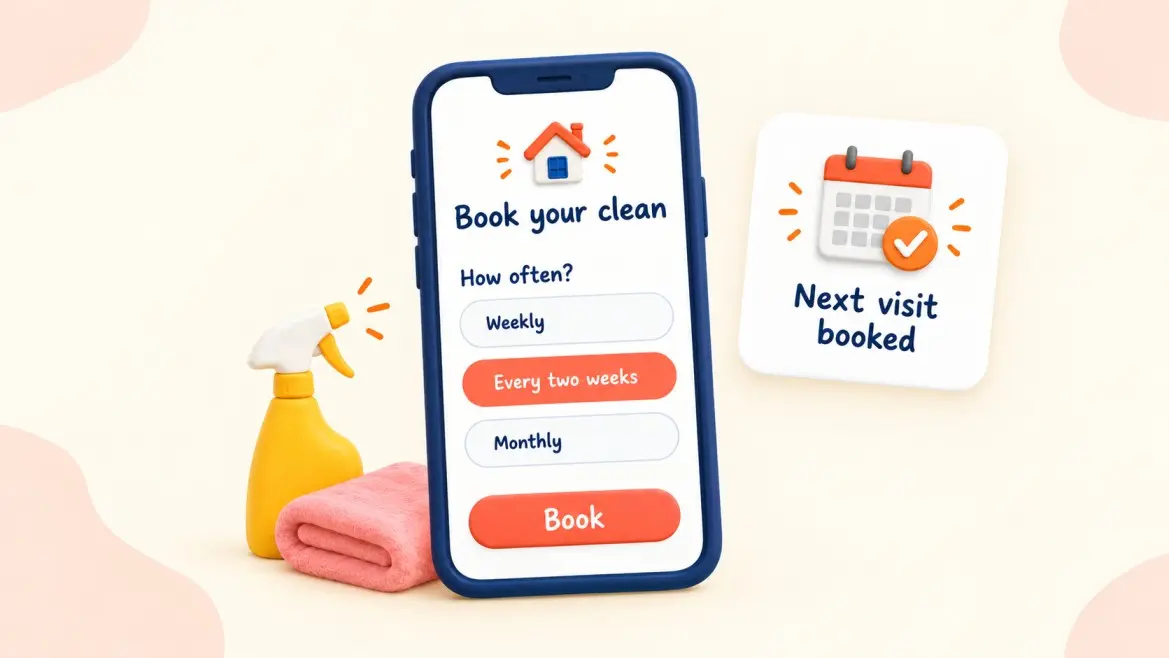 A mobile booking form asking how often, with every two weeks selected and the next visit already booked