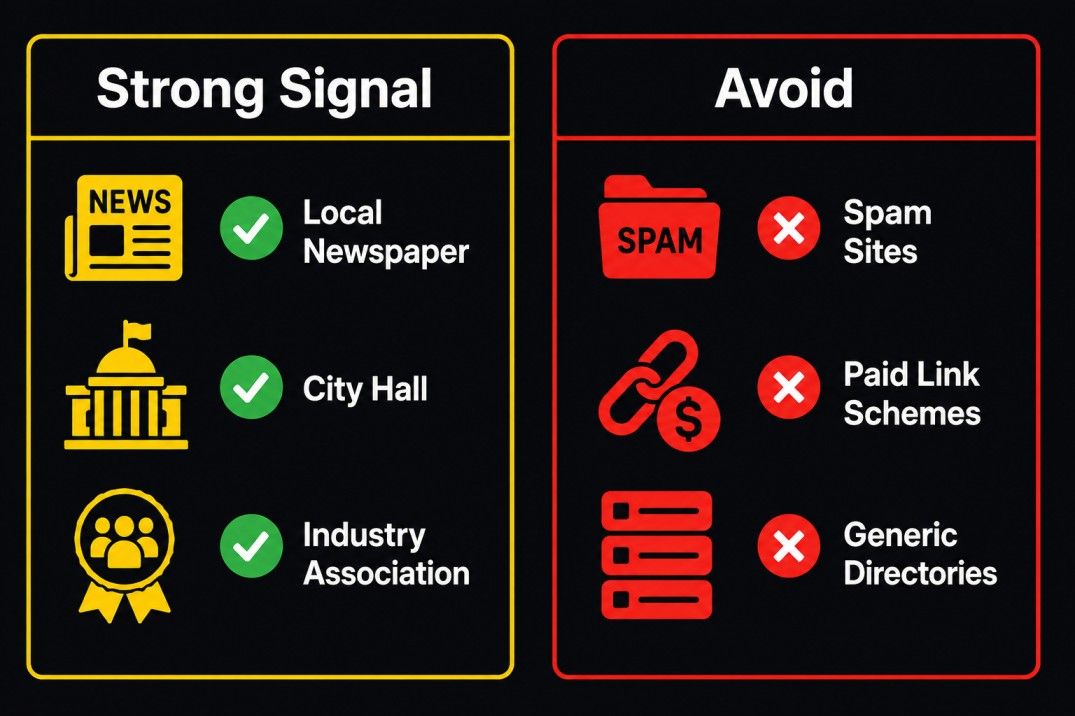Comparison chart showing strong local SEO backlink sources like local news and chambers versus low quality links to avoid
