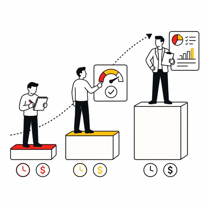 Illustration comparing three approaches to a local SEO audit &mdash; DIY, a free tool, and hiring an agency &mdash; shown as three ascending platforms Placement: Inside 