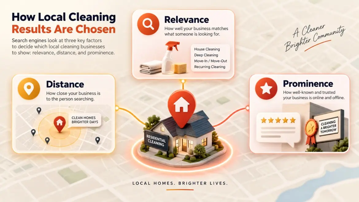 Relevance, distance, and prominence connect to a residential cleaning company