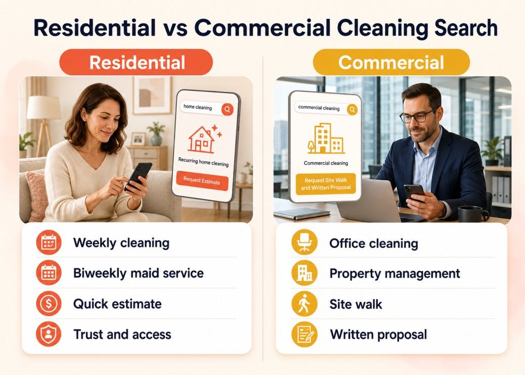Residential and commercial cleaning search journeys compared