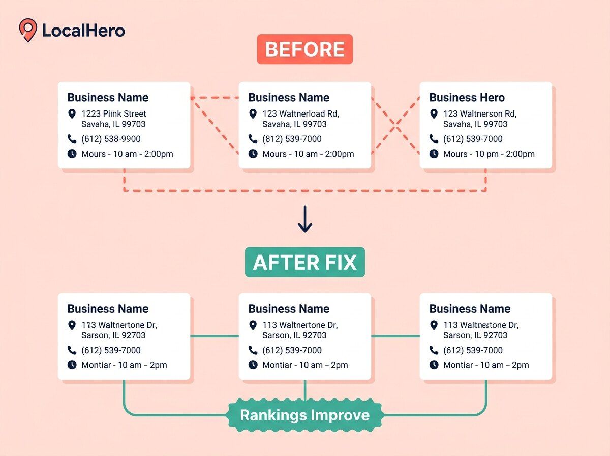 NAP inconsistency diagram showing mismatched phone numbers and addresses across Google Business Profile, Yelp, and a business website with red conflict icons