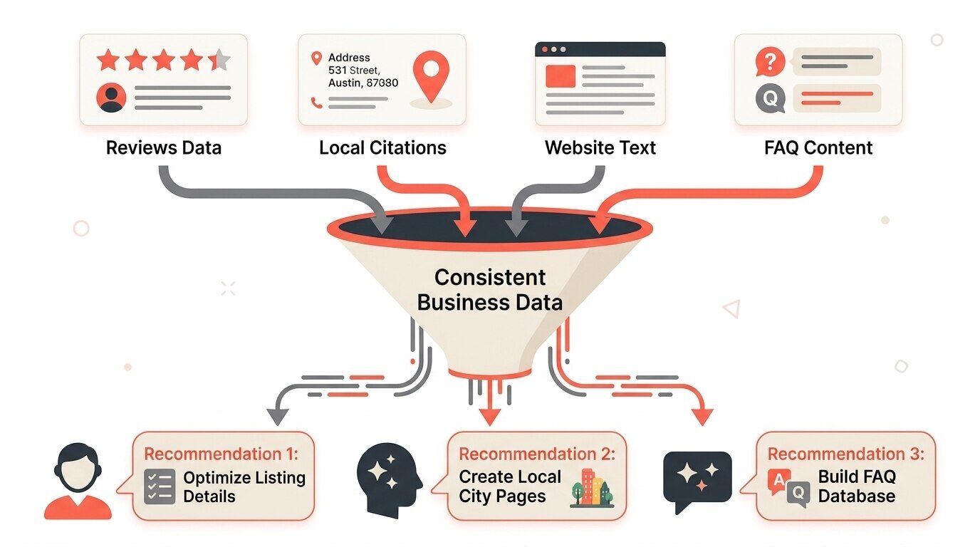 AI search visibility diagram showing ChatGPT, Gemini, and Perplexity pulling local business data for recommendations