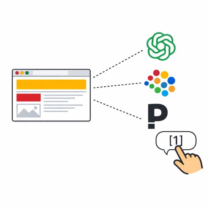 Illustration showing a website being cited by AI search tools with connecting lines between the page and AI assistant icons Placement: Inside the 