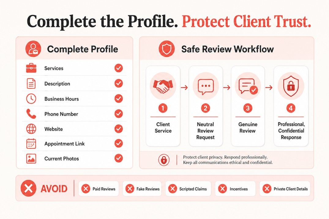 Law firm Google Business Profile fields and ethical review management workflow