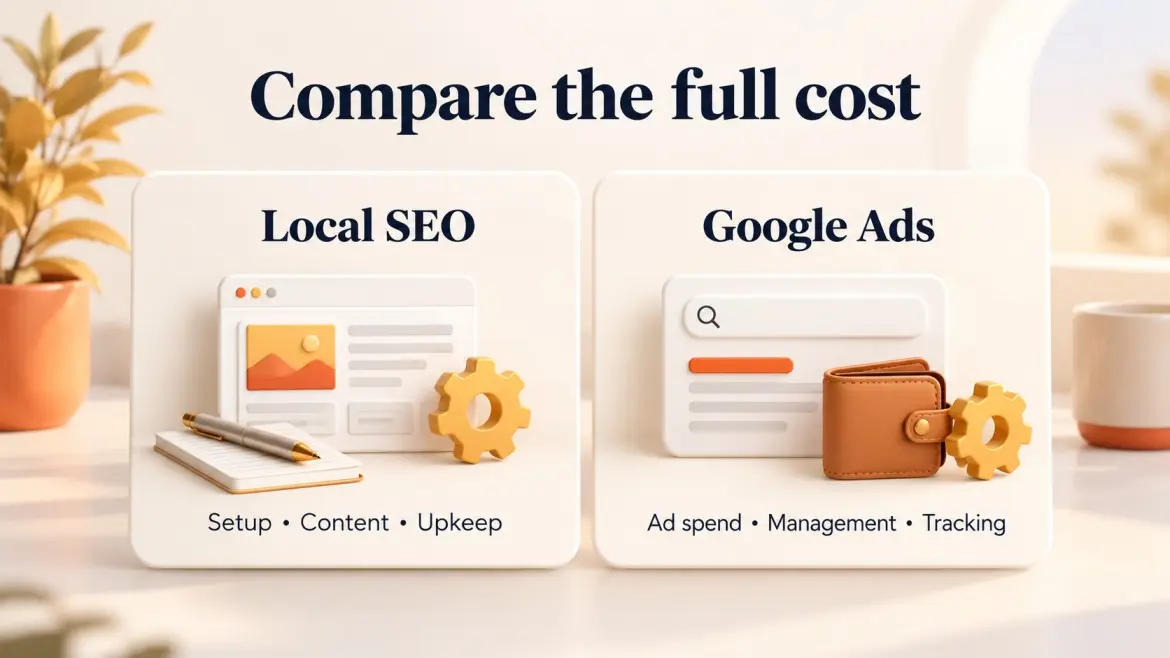 Local SEO and Google Ads cards showing setup, content, upkeep, ad spend, management, and tracking
