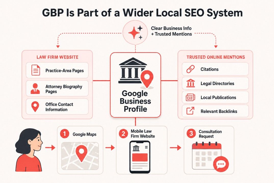 Law firm Google Business Profile supported by website pages, citations, backlinks, and local authority