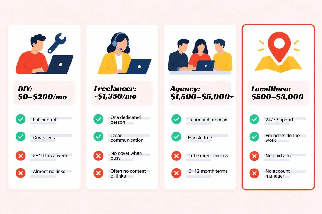 Comparison of HVAC SEO pricing options showing do it yourself, freelancer, agency, and LocalHero monthly costs and what each option leaves out