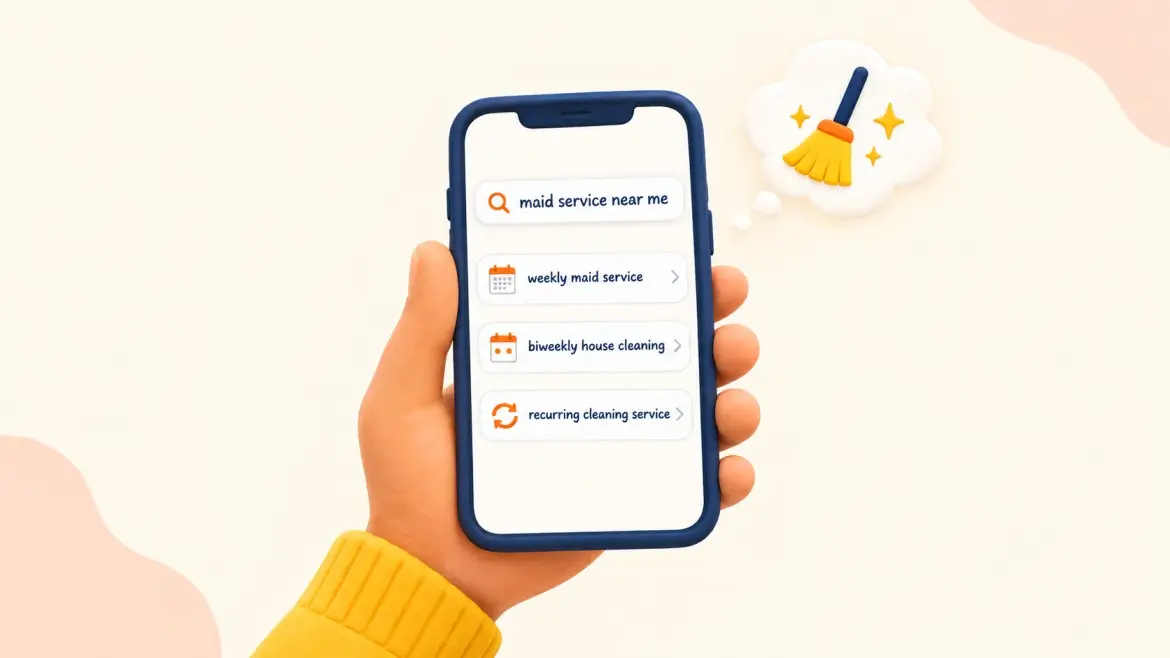 A phone search for maid service near me, with weekly, biweekly and recurring cleaning suggestions