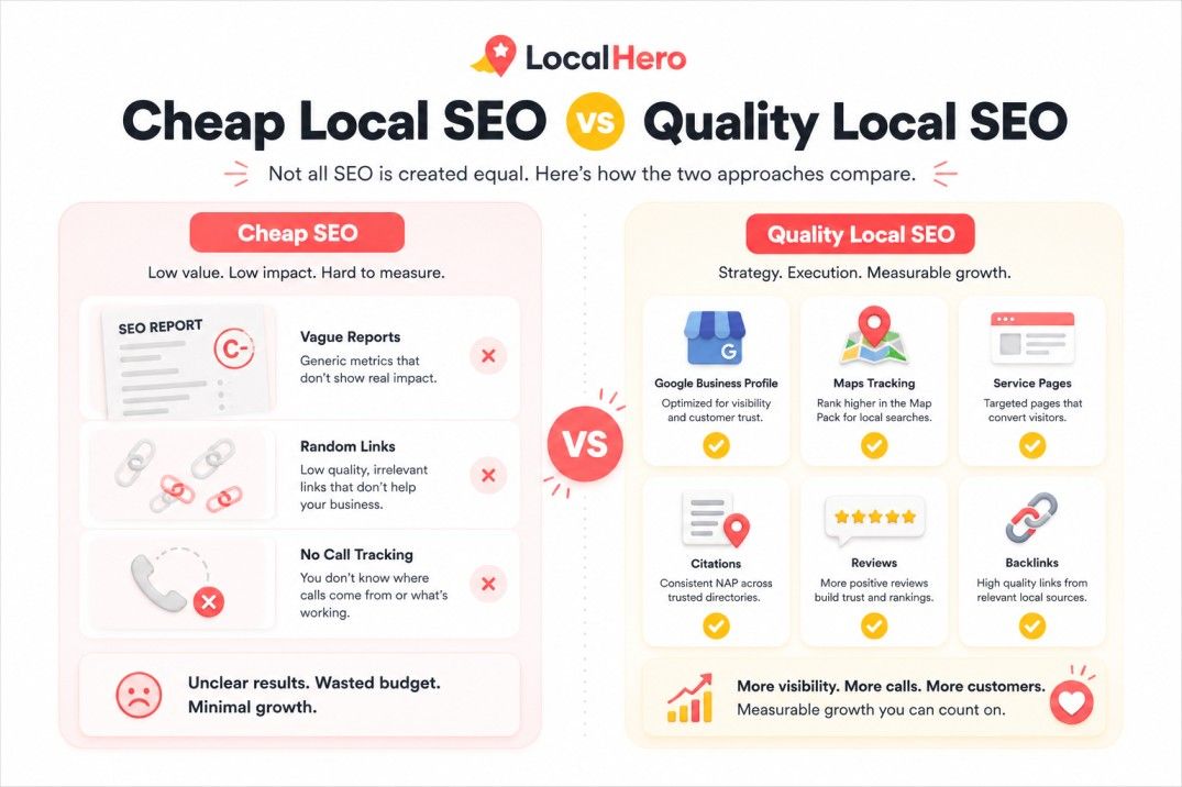 Cheap local SEO compared with quality local SEO, showing weak plans with vague reports and random links versus strong plans with Google Business Profile, Maps tracking, service pages, citations, reviews, backlinks, and calls.