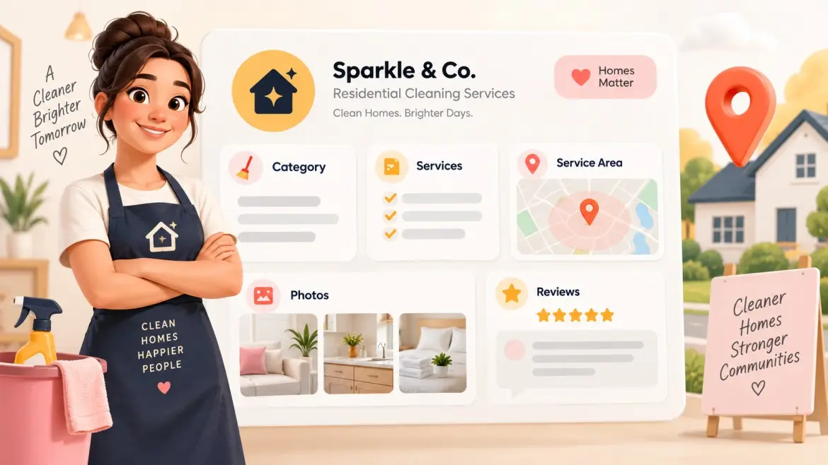 Cleaning business profile with category, services, service area, photos, and reviews
