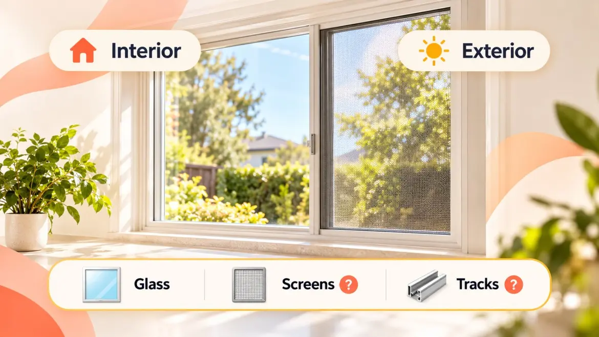 Window illustration labels interior, exterior, glass, screens and tracks to clarify quote inclusions.