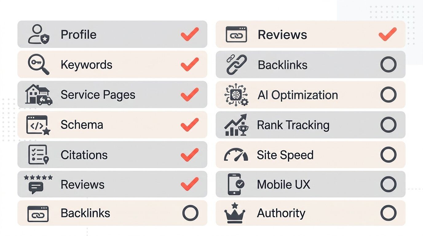 2-point local SEO checklist infographic for small businesses covering Google Business Profile, keyword clusters, citations, and reviews