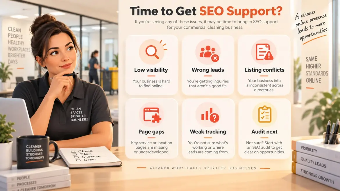 Commercial cleaning owner reviewing an SEO support checklist