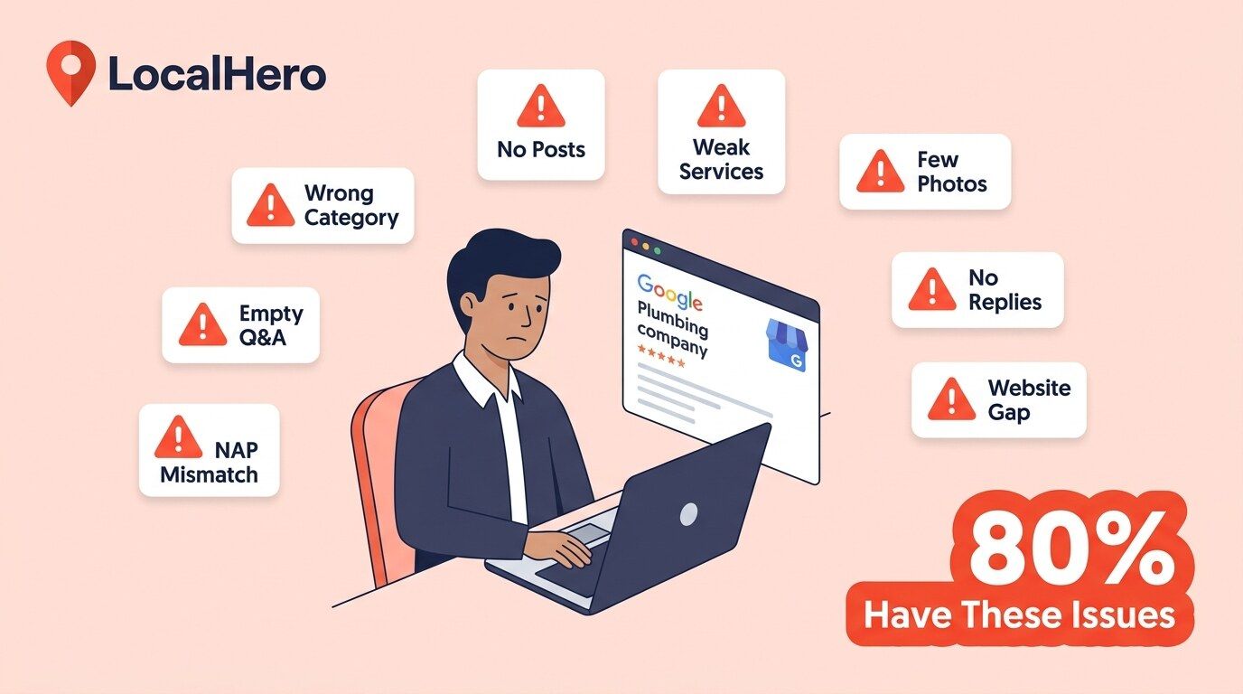 Google Business Profile audit results showing 8 critical mistakes found across 50 local service business profiles in 2026