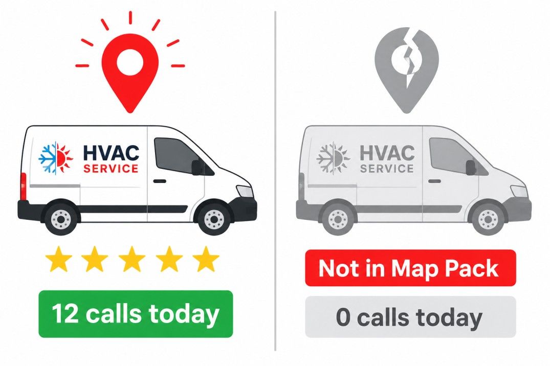 Two HVAC vans side by side &mdash; one ranked in Google Maps with 12 calls today, one invisible with zero calls