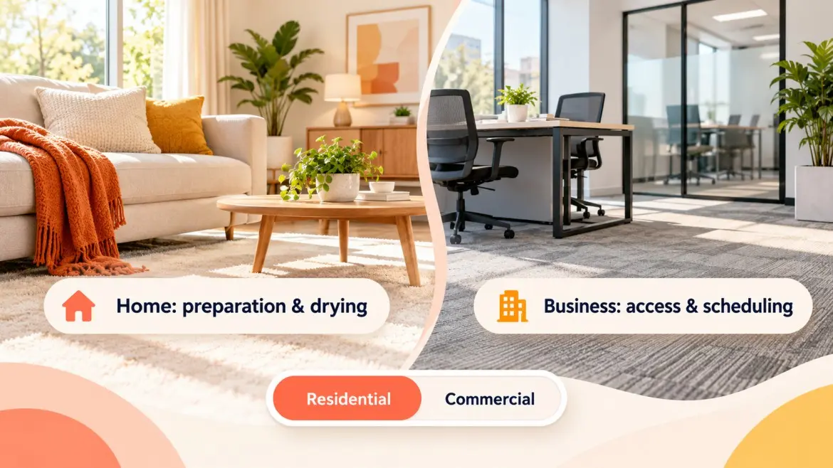 Home and office carpets illustrate preparation and drying versus business access and scheduling.