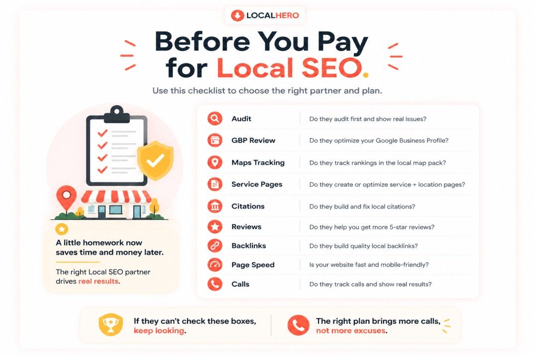 Checklist before paying for local SEO, including audit, GBP review, Maps tracking, service pages, citations, reviews, backlinks, page speed, and calls.