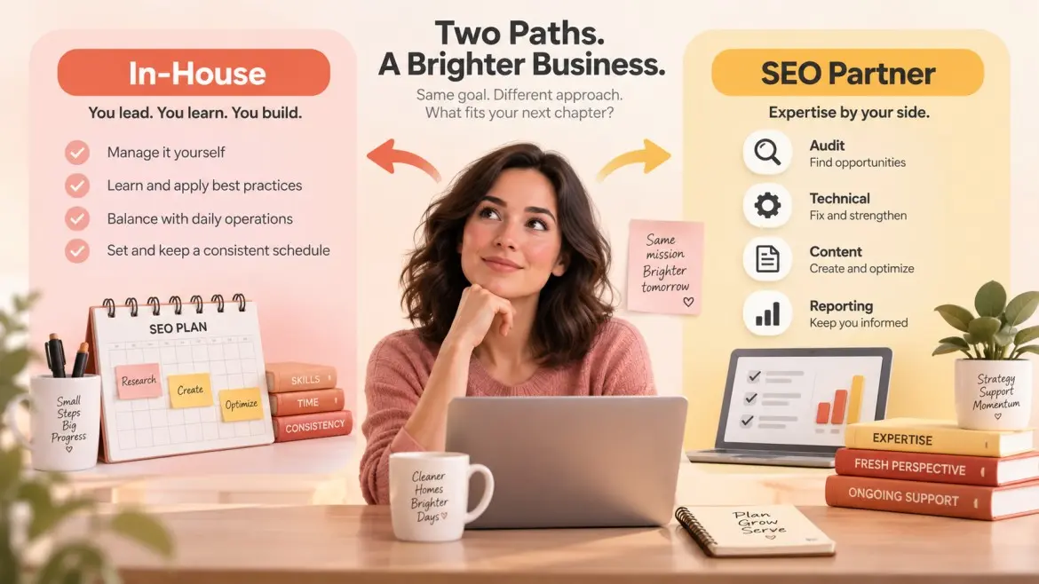 Cleaning business owner compares in-house SEO with an SEO partner
